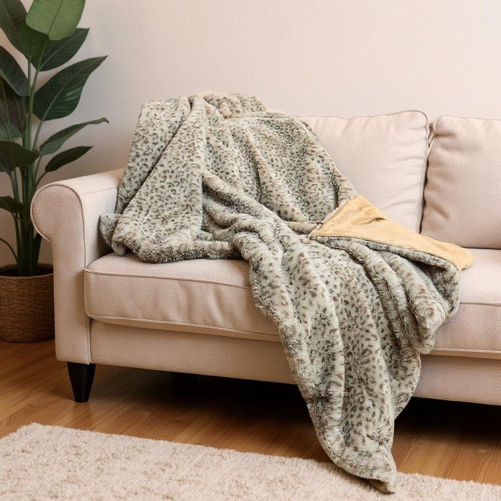 50" X 60" Brown and Taupe Faux Fur Animal Print Plush Throw Blanket