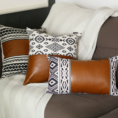 17" Brown and White Geometric Faux Leather Throw Pillow Cover