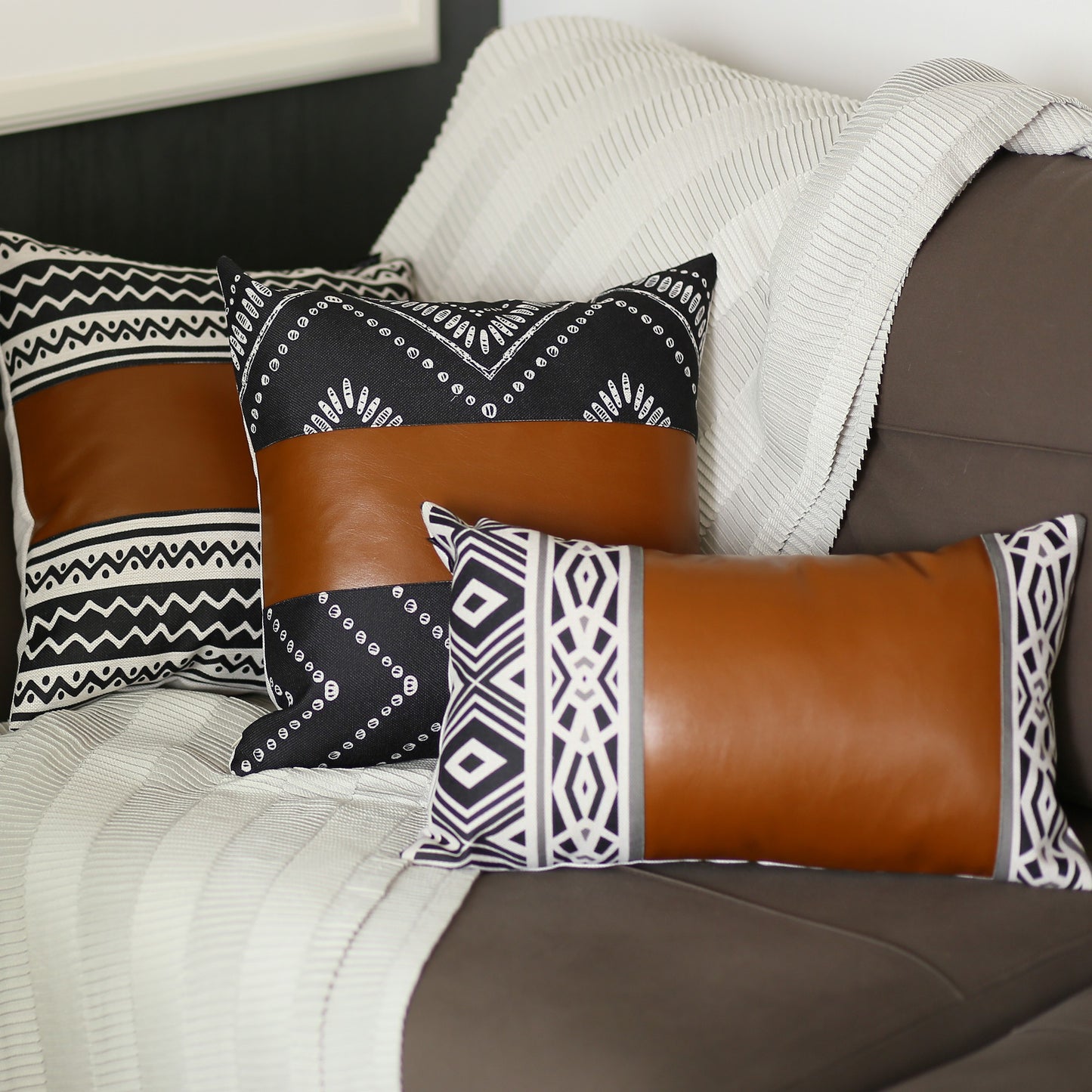 Black And White Pearl Geo With Brown Faux Leather Pillow Cover