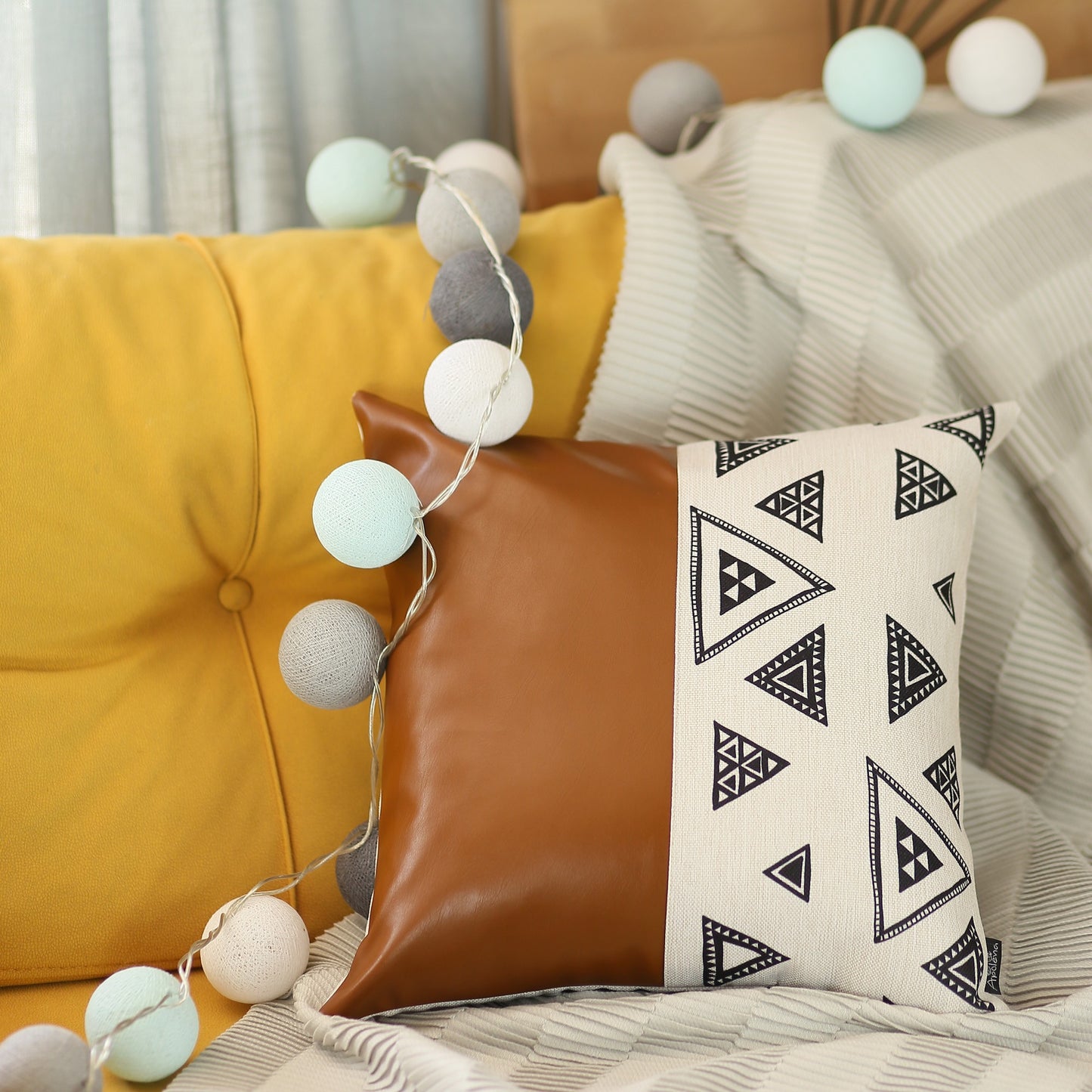 Playful Triangle And Brown Faux Leather Pillow Cover