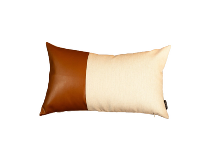 12" X 20" Brown and White Faux Leather Throw Pillow Cover