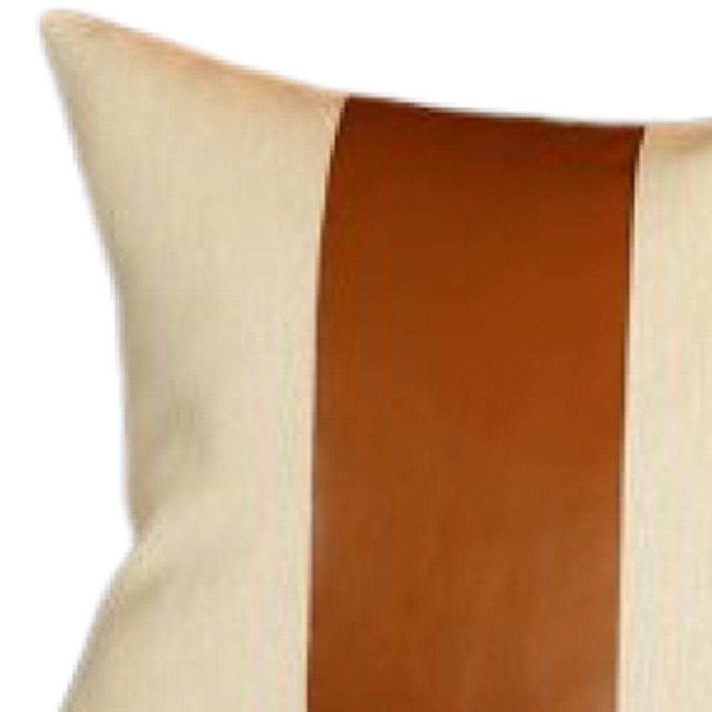17" Ivory And Brown Fabric And Faux Leather Throw Pillow Cover