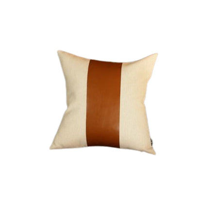 17" Ivory And Brown Fabric And Faux Leather Throw Pillow Cover