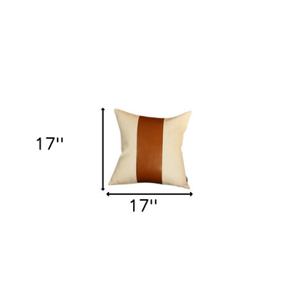 17" Ivory And Brown Fabric And Faux Leather Throw Pillow Cover