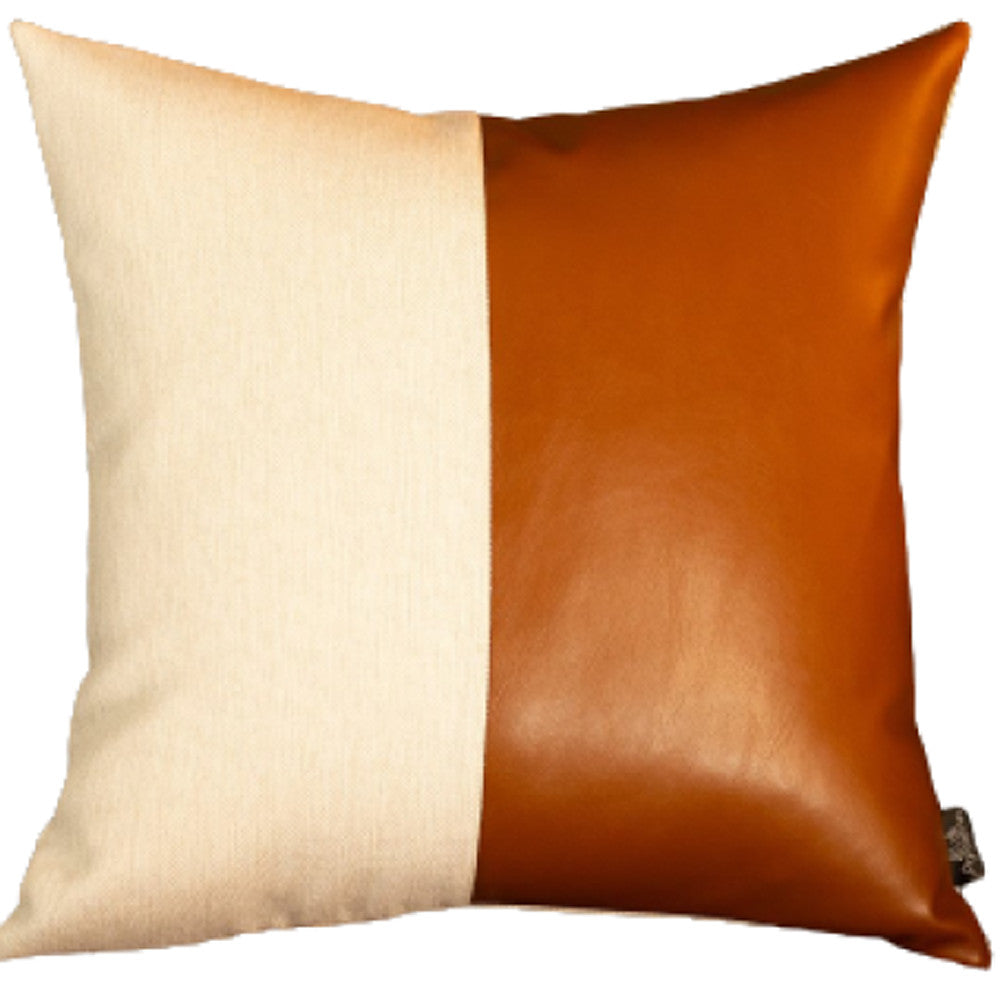 17" Brown and White Faux Leather Throw Pillow Cover