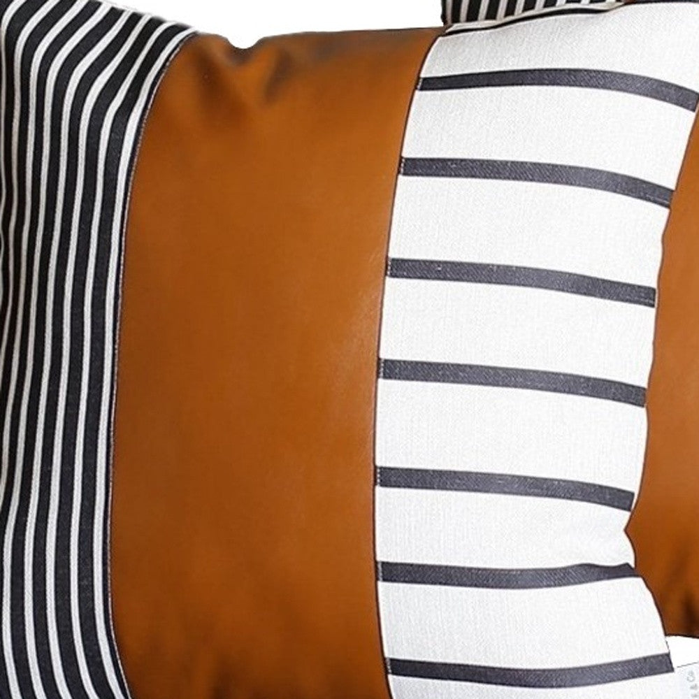 22" X 22" Black And White Stripes And  Faux Leather Pillow Cover