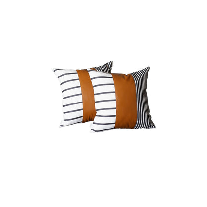 22" X 22" Black And White Stripes And  Faux Leather Pillow Cover