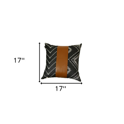 Set Of 2 Ikat Styled Patterns And Bright Brown Faux Leather Pillow Covers