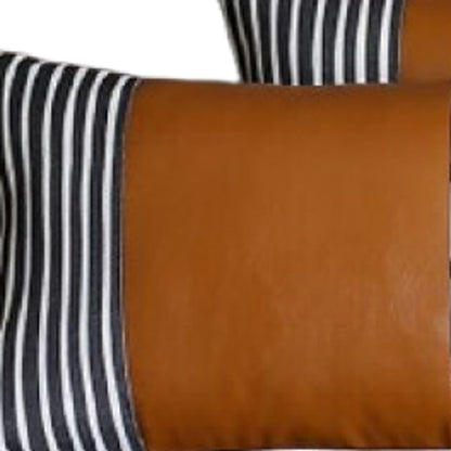 Set Of 2 Striped And Bright Brown Faux Leather Lumbar Pillow Covers