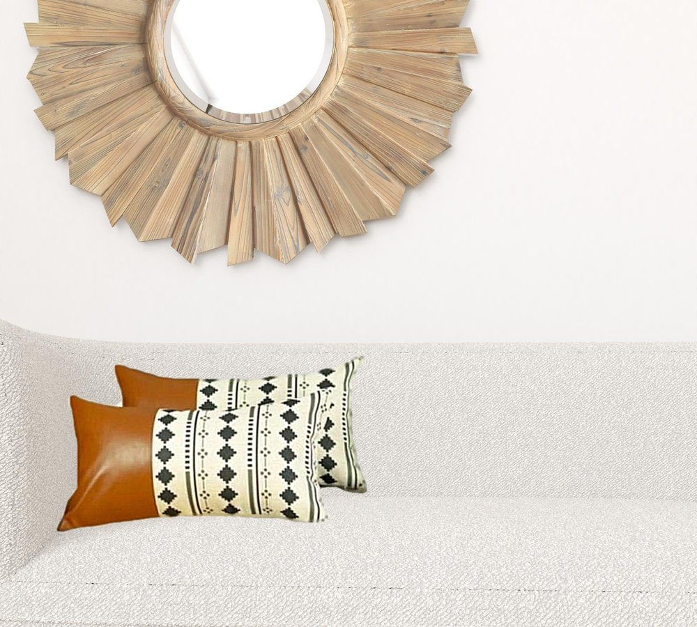 Set Of 2 Diamond Patterned And Brown Faux Leather Lumbar Pillow Covers
