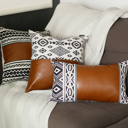 Set Of 2 Semi Brown Faux Leather And Eclectic Geometric Patterns Pillow Covers