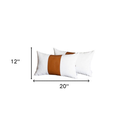 Set Of 2 Porcelain White And Center Caramel Brown Faux Leather Pillow Covers