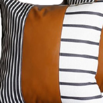 Set Of 2 Monochromic Stripe Ends And Brown Faux Leather Lumbar Pillow Covers