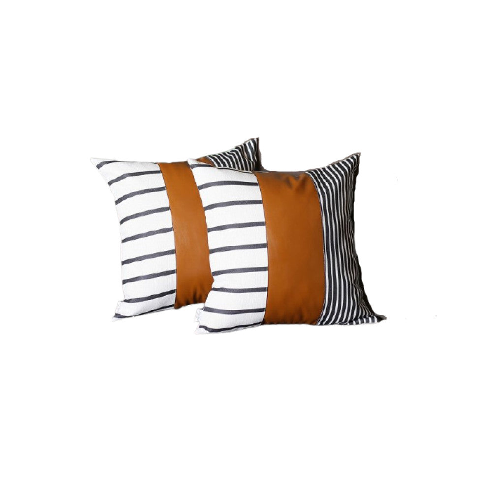 Set Of 2 Monochromic Stripe Ends And Brown Faux Leather Lumbar Pillow Covers