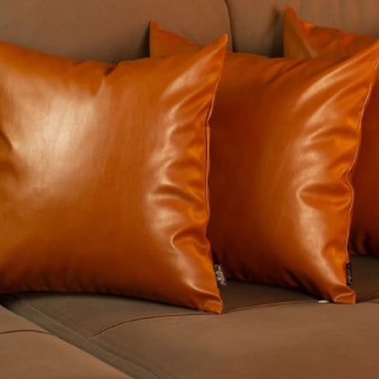 Set Of 4 Brown Faux Leather 17" Pillow Covers