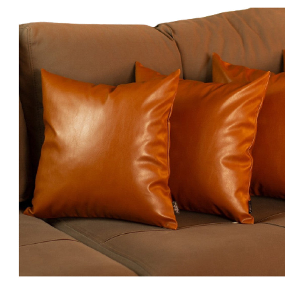 Set Of 4 Brown Faux Leather 17" Pillow Covers