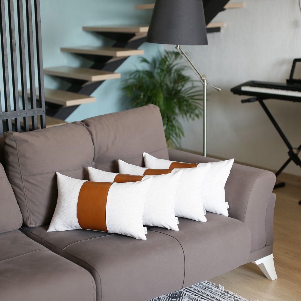 Set of Four 12" X 20" Brown And White Faux Leather Throw Pillow Covers