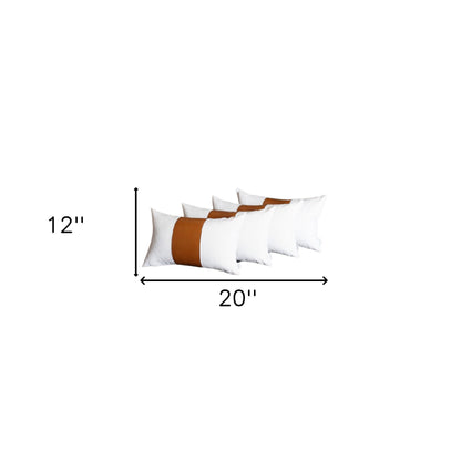 Set Of 4 White And Brown Faux Leather Lumbar Pillow Covers