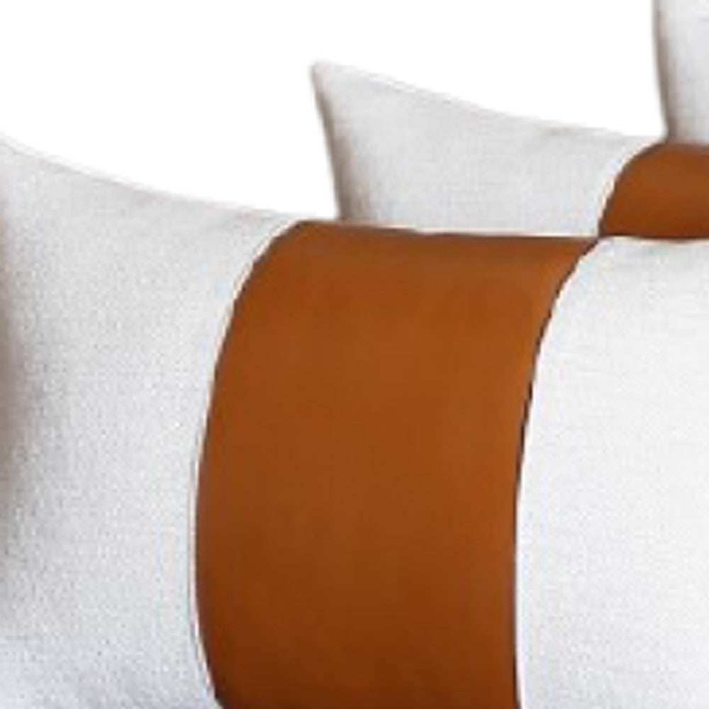 Set Of 4 White And Brown Faux Leather Lumbar Pillow Covers