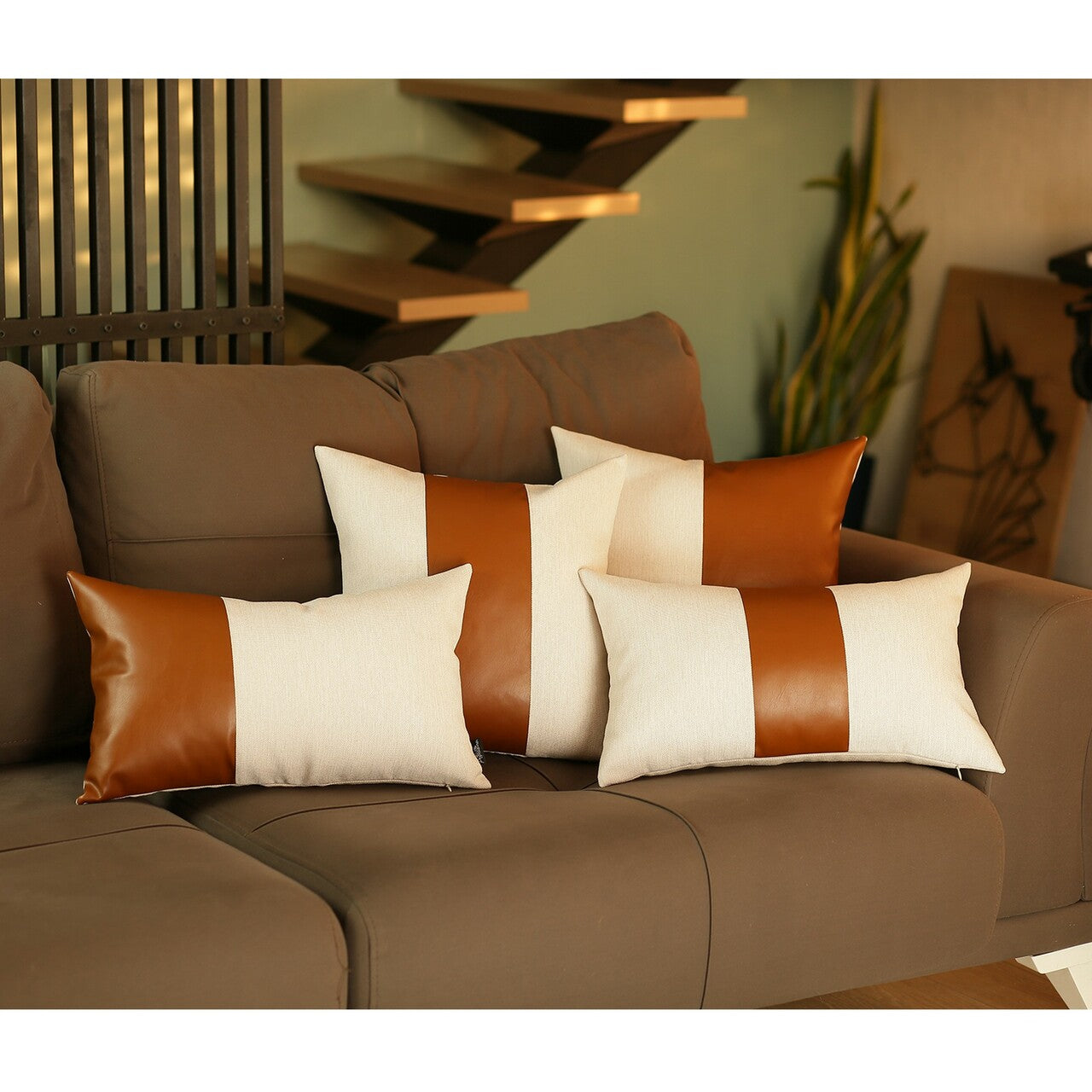 Set Of 4 White And Quarter Brown Faux Leather Lumbar Pillow Covers