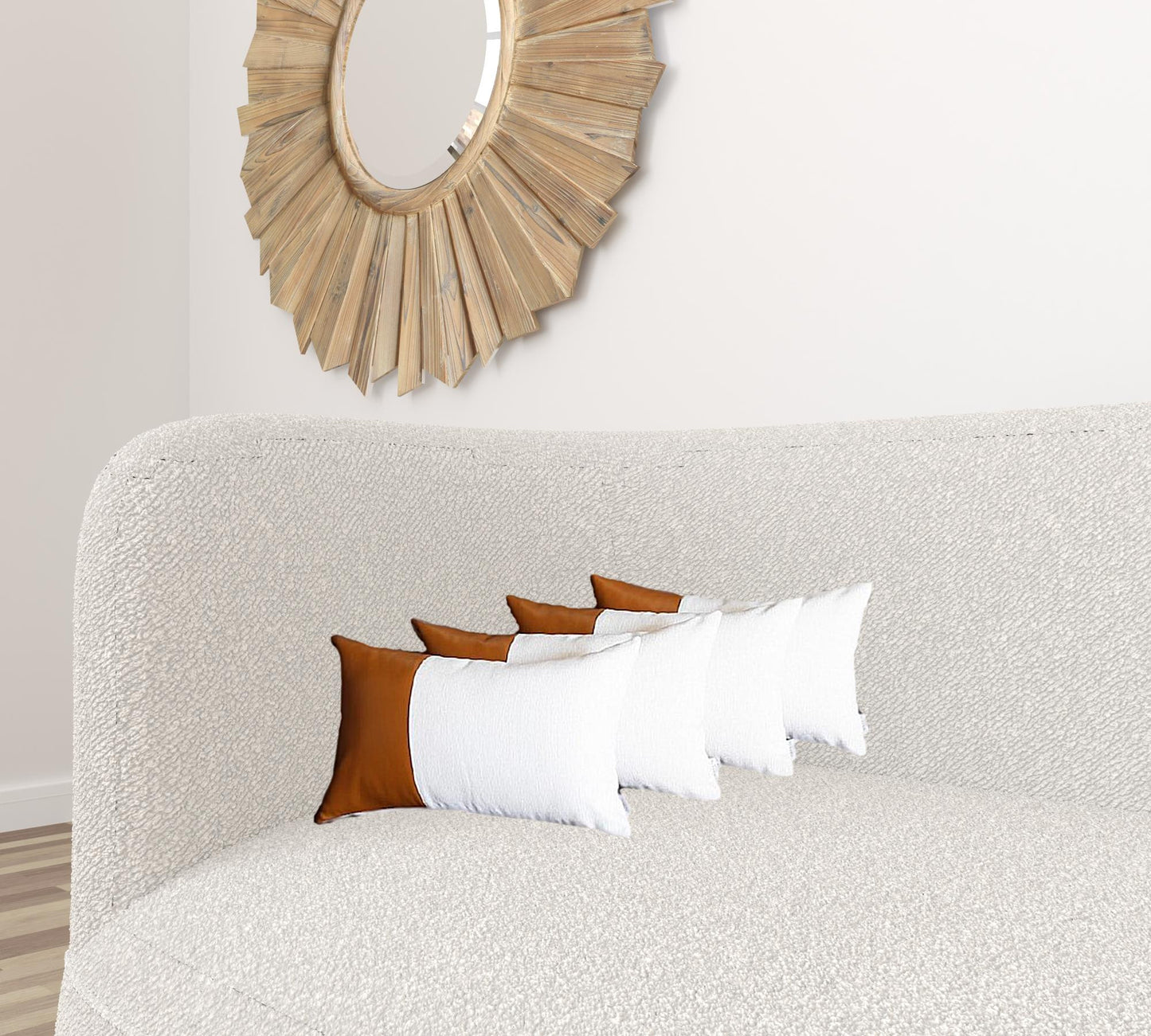 Set Of 4 White And Quarter Brown Faux Leather Lumbar Pillow Covers