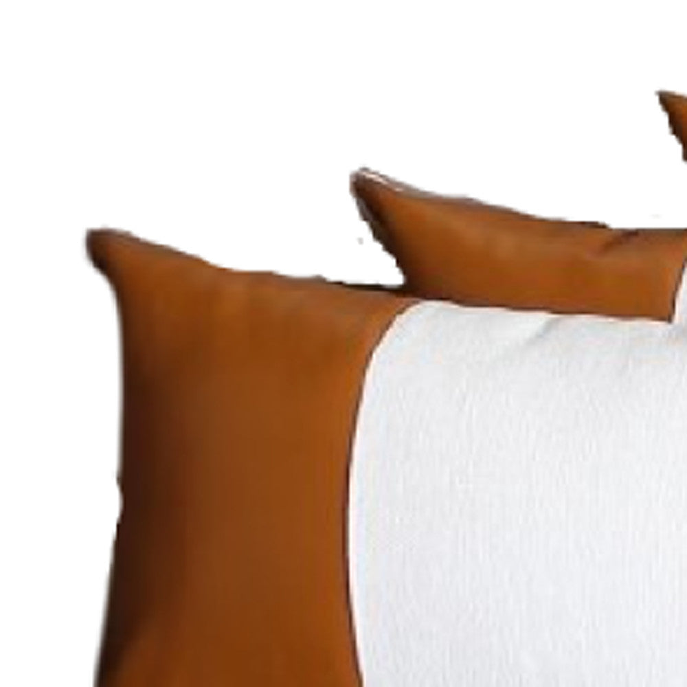 Set Of 4 White And Quarter Brown Faux Leather Lumbar Pillow Covers