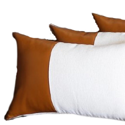 Set Of 4 White And Quarter Brown Faux Leather Lumbar Pillow Covers