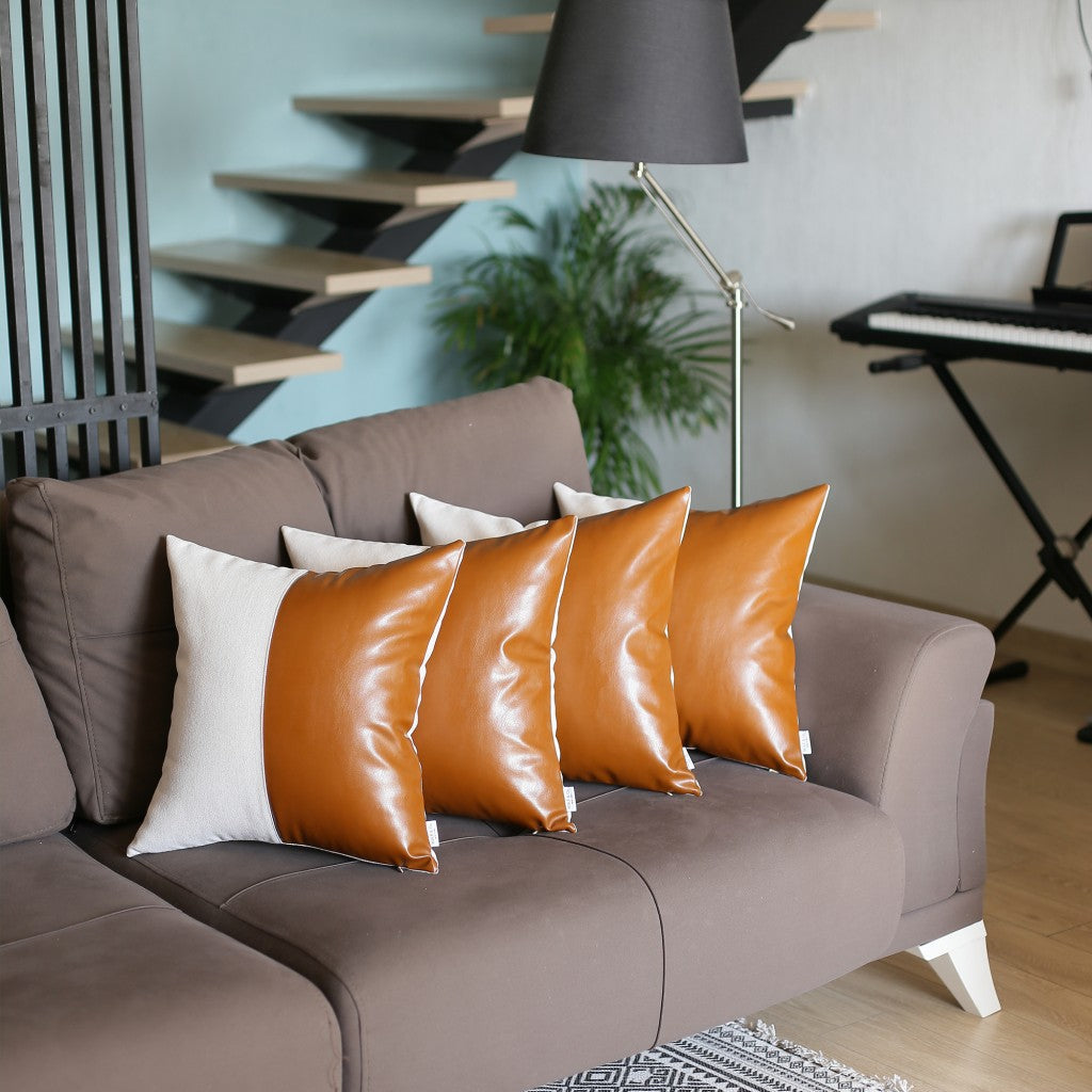 Set Of 4 Brown And White Pearl With Faux Leather Lumbar Pillow Covers