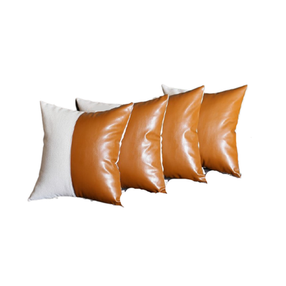 Set Of 4 Brown And White Pearl With Faux Leather Lumbar Pillow Covers