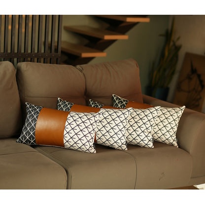 Set Of 4 Black And White Reverse With Faux Leather Lumbar Pillow Covers