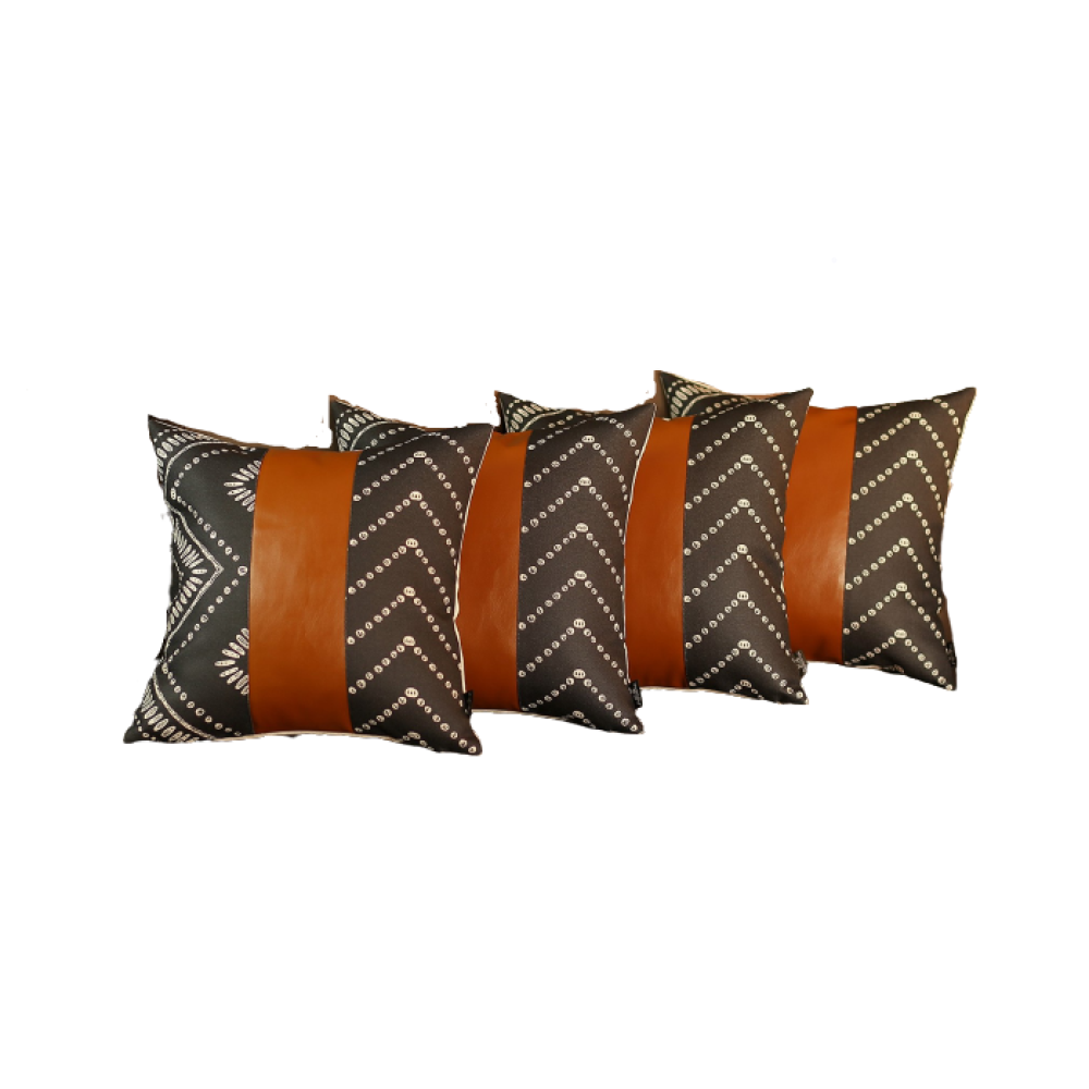 Set Of 4 Black And White Geo With Faux Leather Lumbar Pillow Covers