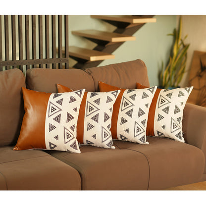 Set Of 4 Triangle And Brown Faux Leather Pillow Covers