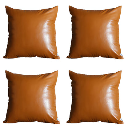 Set Of 4 Brown Faux Leather 20" Pillow Covers