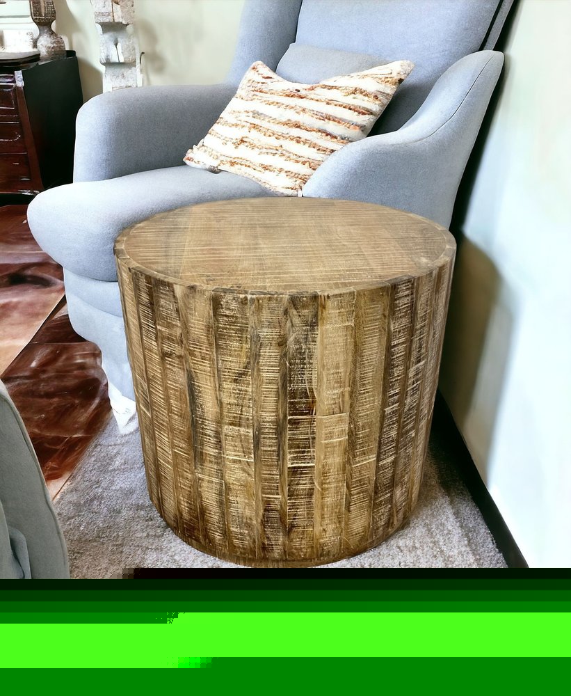 20" Natural Distressed Solid Wood Round Drum End Table