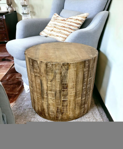 20" Natural Distressed Solid Wood Round Drum End Table