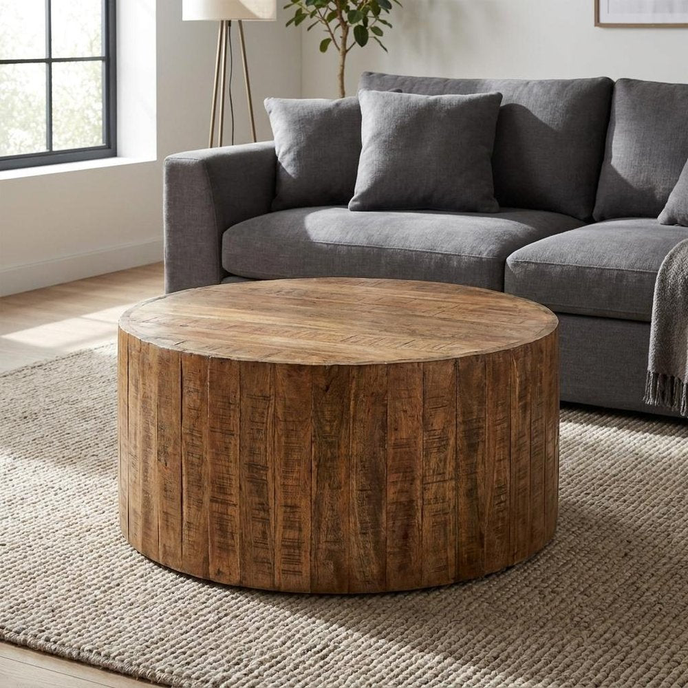 32" Brown Solid Wood Round Distressed Drum Coffee Table