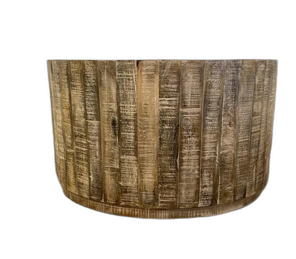 32" Brown Solid Wood Round Distressed Drum Coffee Table