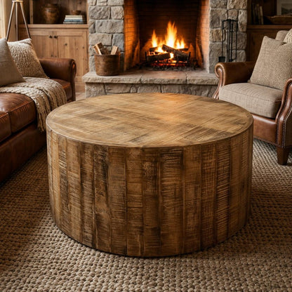 32" Brown Solid Wood Round Distressed Drum Coffee Table
