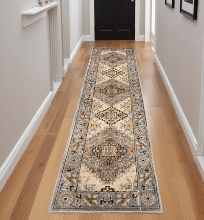 2' X 8' Gray And Beige Aztec Pattern Runner Rug