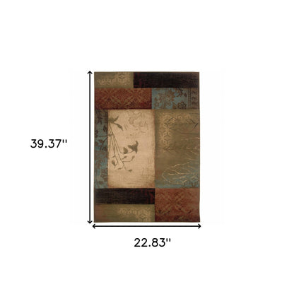 8' X 11' Beige And Brown Floral Block Pattern Area Rug