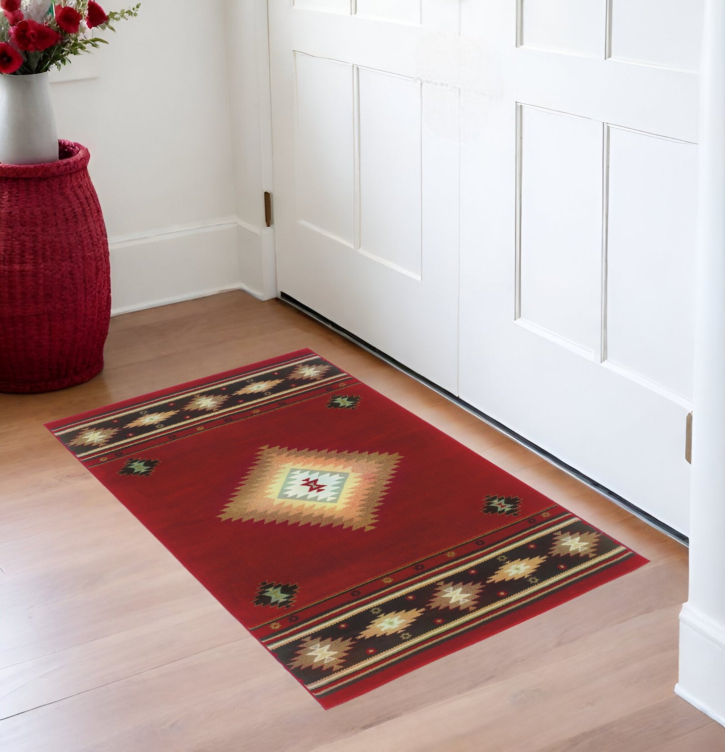 5' X 8' Red And Beige Ikat Pattern Area Rug