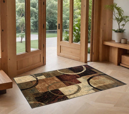 2' X 3' Brown And Black Abstract Geometric Scatter Rug