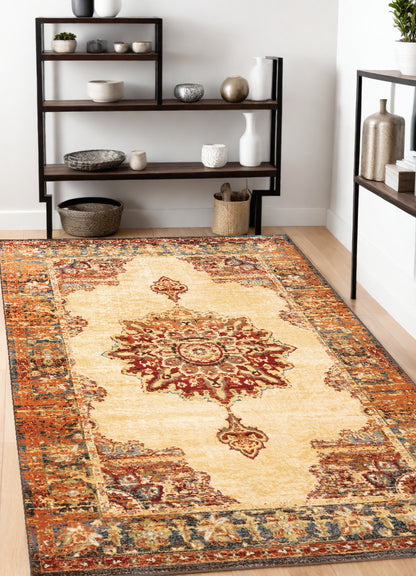 10' X 13' Gold And Orage Floral Medallionarea Rug