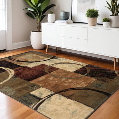 2' X 3' Brown And Black Abstract Geometric Scatter Rug