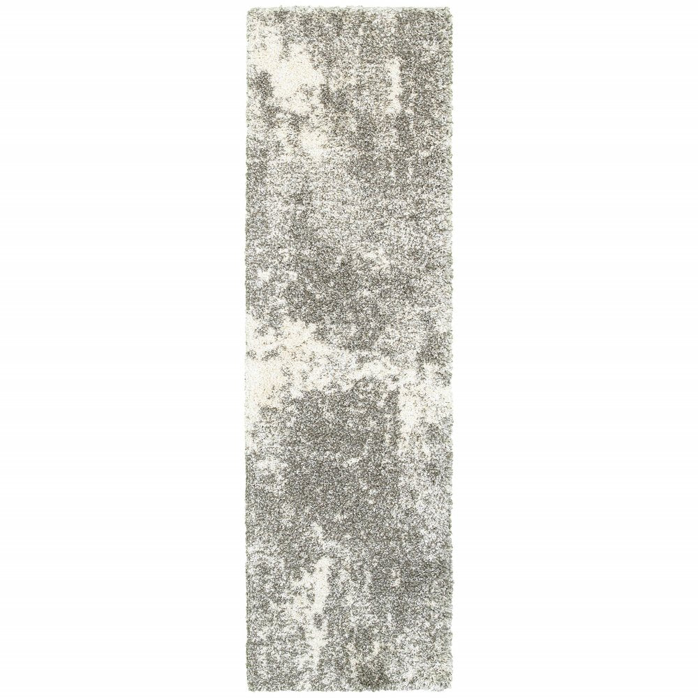 2' X 8' Gray And Ivory Distressed Abstract Runner Rug