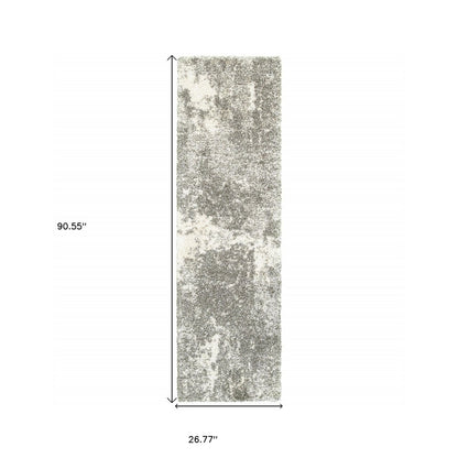 2' X 8' Gray And Ivory Distressed Abstract Runner Rug