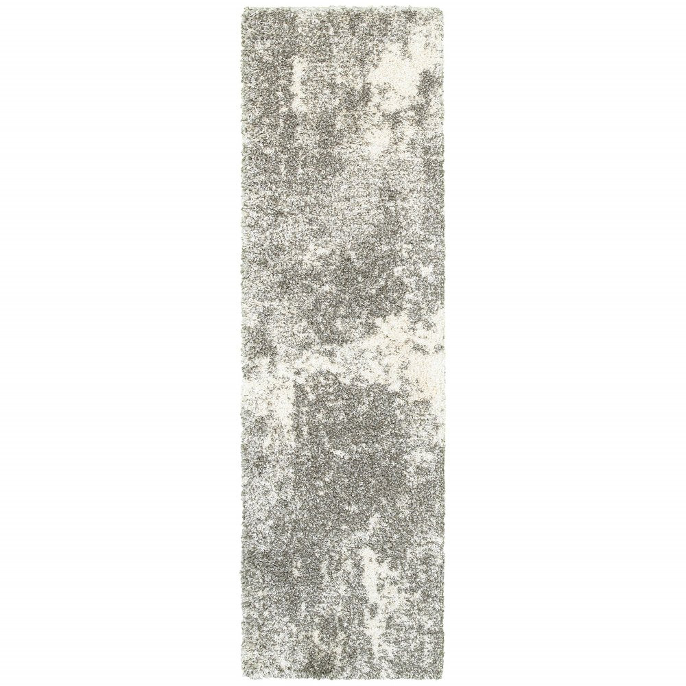 2' X 8' Gray And Ivory Distressed Abstract Runner Rug