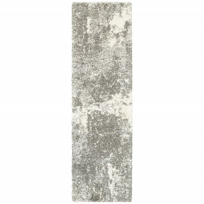 2' X 8' Gray And Ivory Distressed Abstract Runner Rug