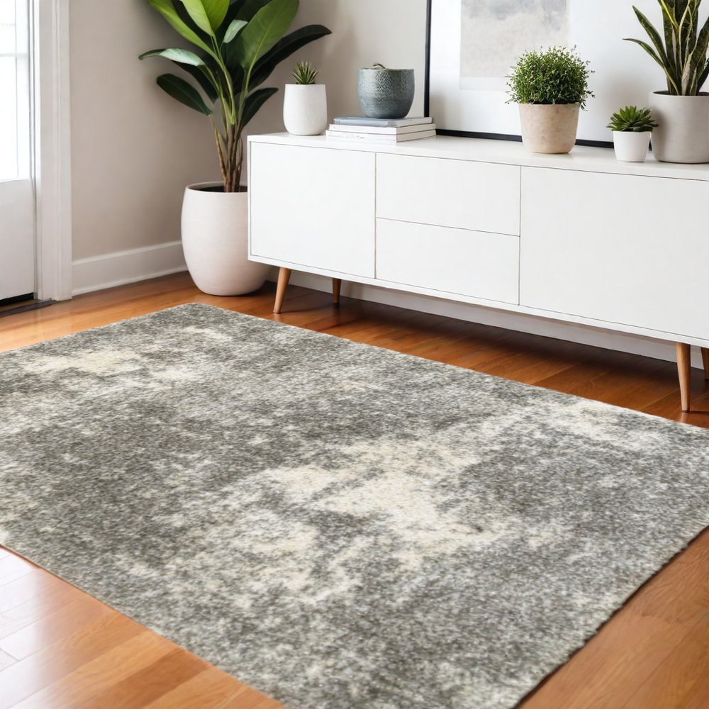 2' X 8' Gray And Ivory Distressed Abstract Runner Rug