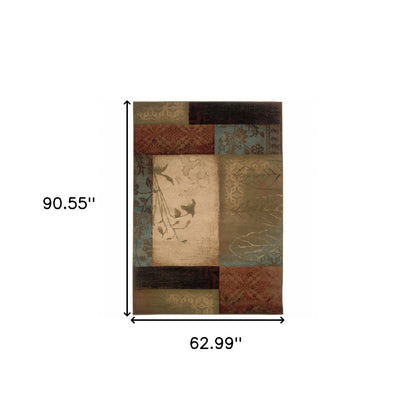 8' X 11' Beige And Brown Floral Block Pattern Area Rug